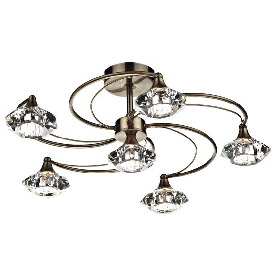 Där Lighting Luther 6 Light Semi Flush Antique Brass Crystal