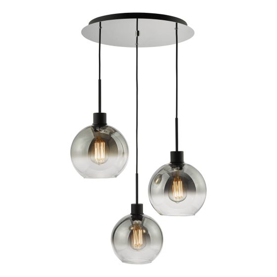 där lighting Lycia 3 Light Cluster Pendant Matt Black Smoked Ombre Glass