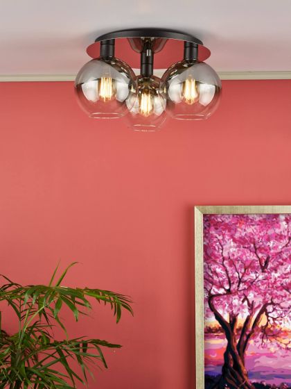 Där Lighting Lycia 3 Light Flush Matt Black Smoked Ombre Glass