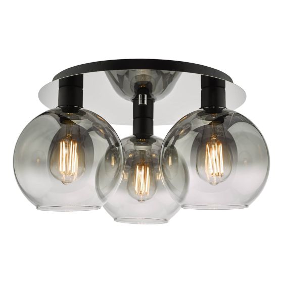 där lighting Lycia 3 Light Flush Matt Black Smoked Ombre Glass