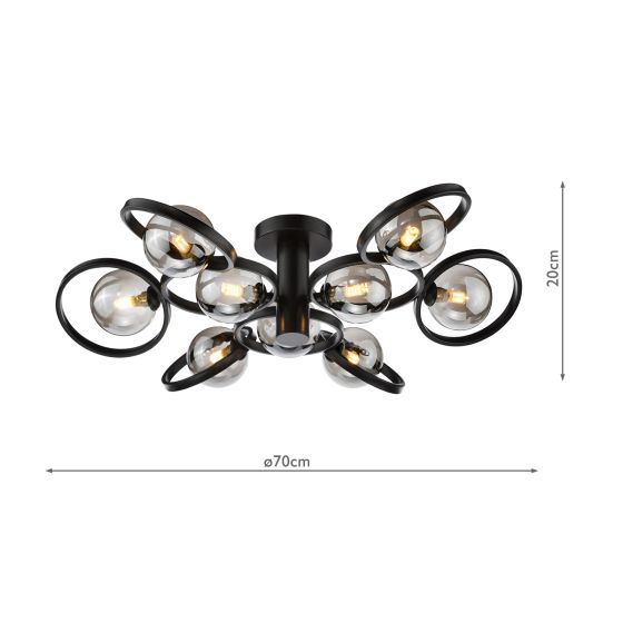 Där Lighting Lynette 9 Light Semi-Flush Satin Black And Smoked Glass