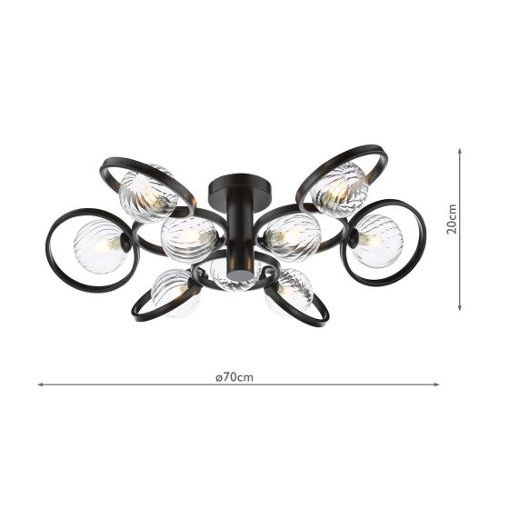 Där Lighting Lynette 9 Light Semi-Flush Satin Black And Twisted Glass