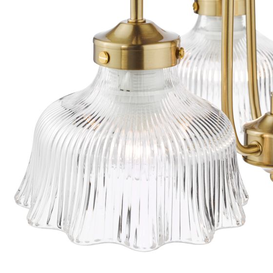 Där Lighting Maude 3 Light Armed Pendant Natural Brass And Ribbed Glass
