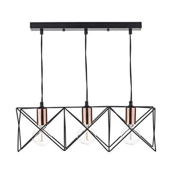 där lighting Midi 3 Light Bar Pendant Black & Bright Copper Detail