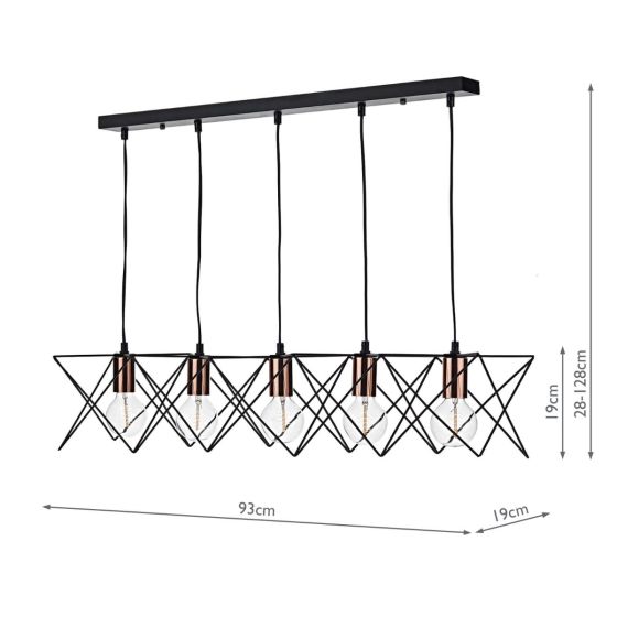 Där Lighting Midi Cage 5 Light Bar Pendant Matt Black Bright & Copper