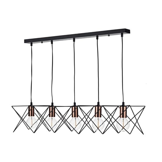 där lighting Midi Cage 5 Light Bar Pendant Matt Black Bright & Copper