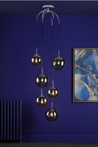 Där Lighting Nico 6 Light Cluster Pendant Polished Chrome Smoked Glass