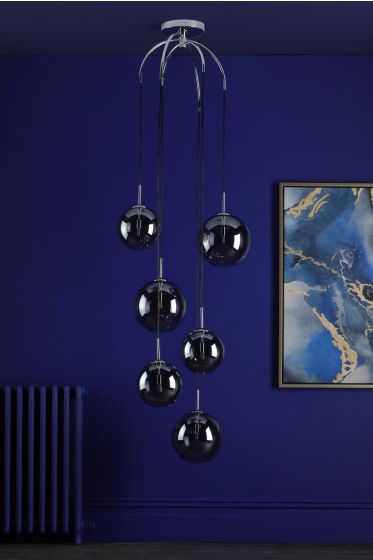 Där Lighting Nico 6 Light Cluster Pendant Polished Chrome Smoked Glass