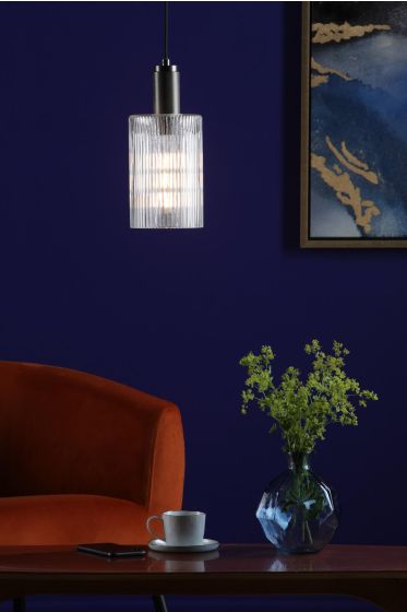 Där Lighting Nikolas Pendant Antique Chrome Ribbed Cylinder Glass