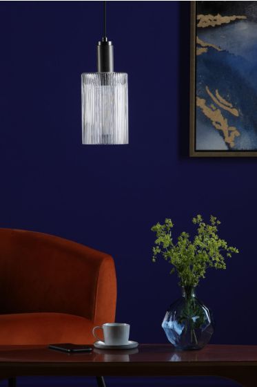 Där Lighting Nikolas Pendant Antique Chrome Ribbed Cylinder Glass