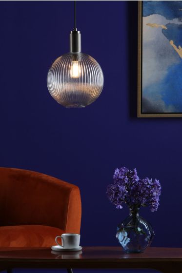 Där Lighting Nikolas Pendant Antique Chrome Ribbed Round Glass