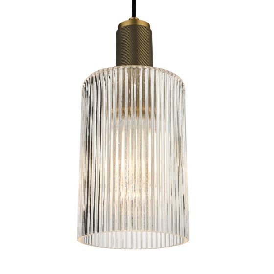 Där Lighting Nikolas Pendant Natural Solid Brass Ribbed Cylinder Glass