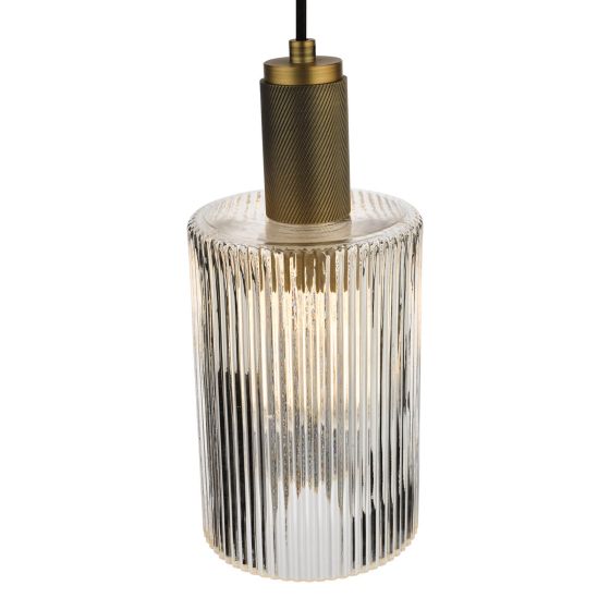 Där Lighting Nikolas Pendant Natural Solid Brass Ribbed Cylinder Glass