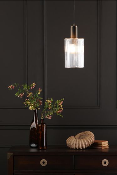 Där Lighting Nikolas Pendant Natural Solid Brass Ribbed Cylinder Glass