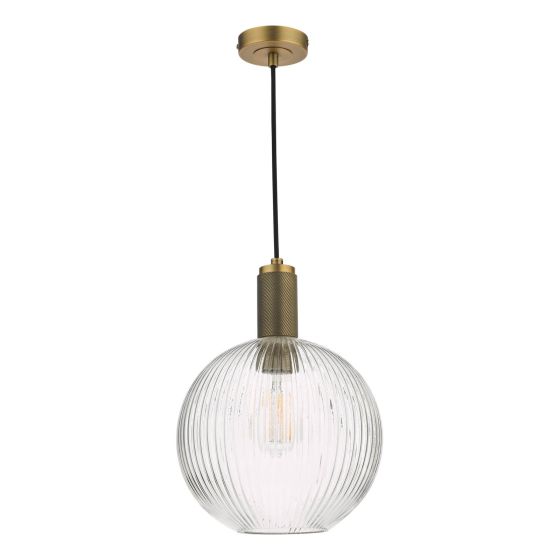 Där Lighting Nikolas Pendant Natural Solid Brass Ribbed Round Glass