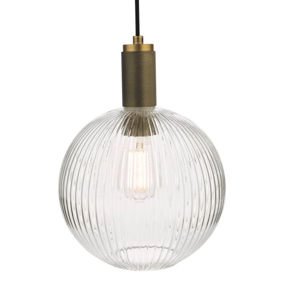 Där Lighting Nikolas Pendant Natural Solid Brass Ribbed Round Glass