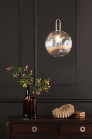 Där Lighting Nikolas Pendant Natural Solid Brass Ribbed Round Glass