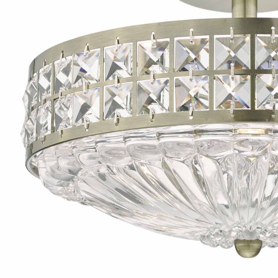 Där Lighting Olona 3L Light Semi Flush Antique Brass Crystal Beads And Glass Diffuser