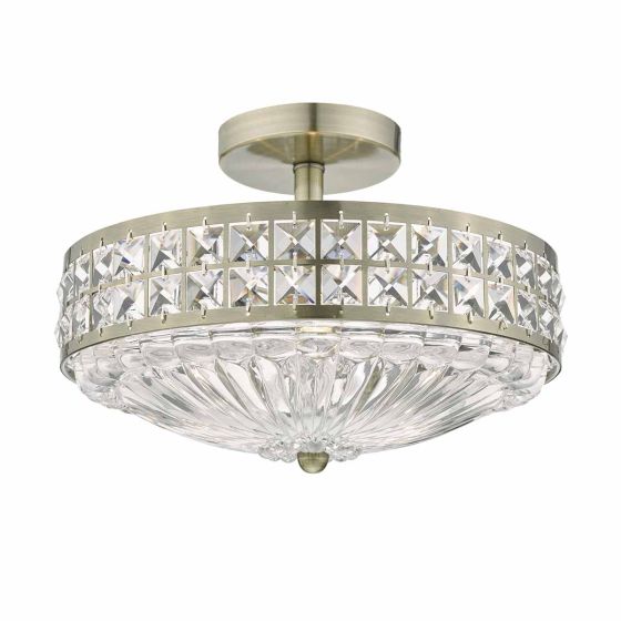 Där Lighting Olona 3L Light Semi Flush Antique Brass Crystal Beads And Glass Diffuser