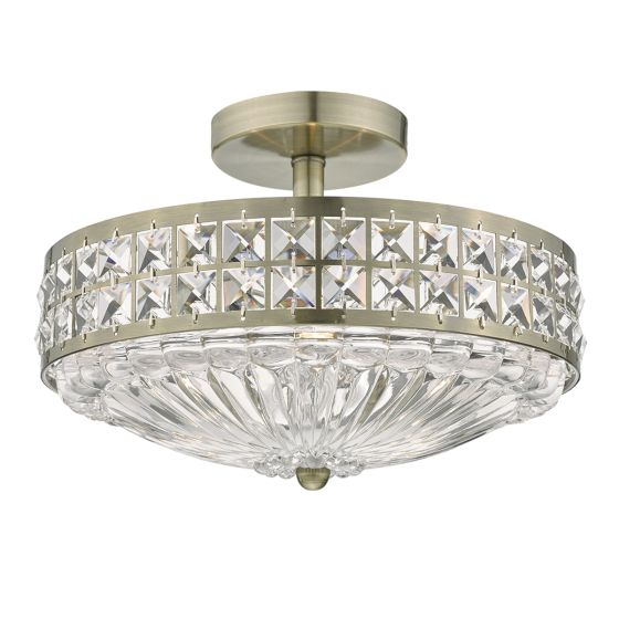 där lighting Olona 3L Light Semi Flush Antique Brass Crystal Beads and Glass Diffuser