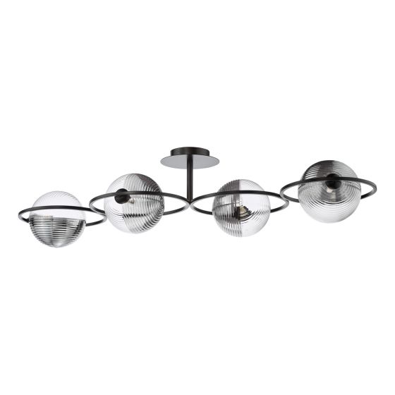 Där Lighting Olympus 4 Light Semi-Flush Matt Black And Smoked/Clear Ribbed Glass