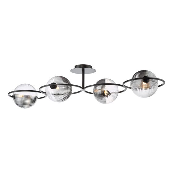 där lighting Olympus 4 Light Semi-Flush Matt Black and Smoked/Clear Ribbed Glass