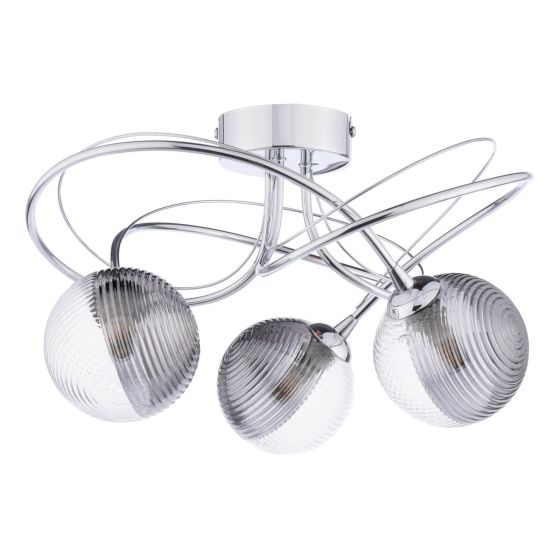 Där Lighting Onawa 3 Light Semi-Flush Polished Chrome & Smoked/Clear Ribbed Glass