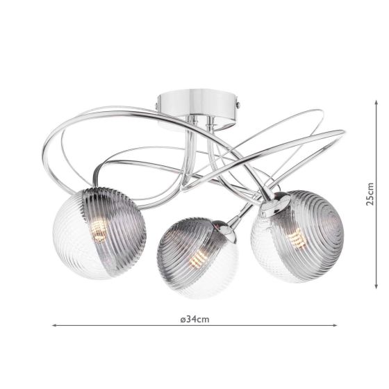 Där Lighting Onawa 3 Light Semi-Flush Polished Chrome & Smoked/Clear Ribbed Glass