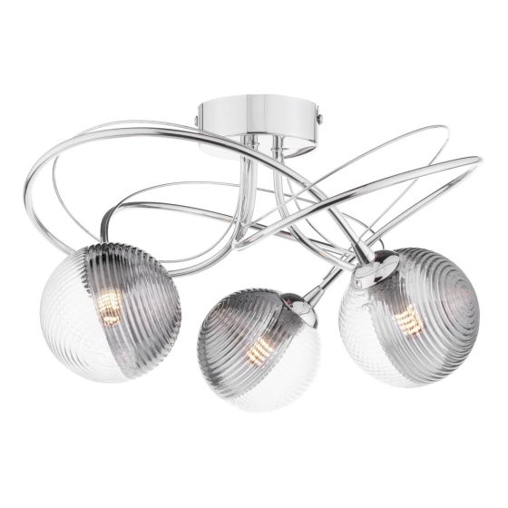 där lighting Onawa 3 Light Semi-Flush Polished Chrome & Smoked/Clear Ribbed Glass