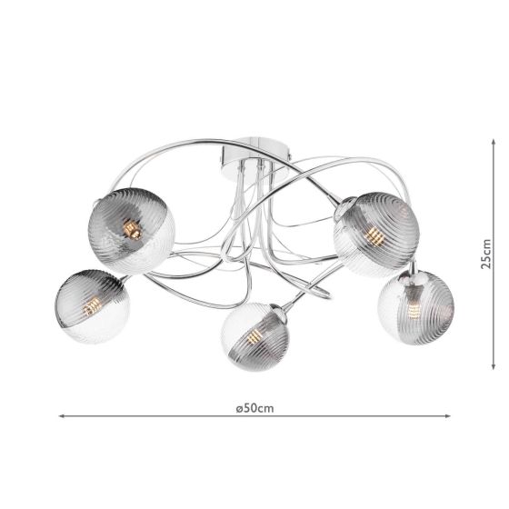 Där Lighting Onawa 5 Light Semi-Flush Polished Chrome & Smoked/Clear Ribbed Glass