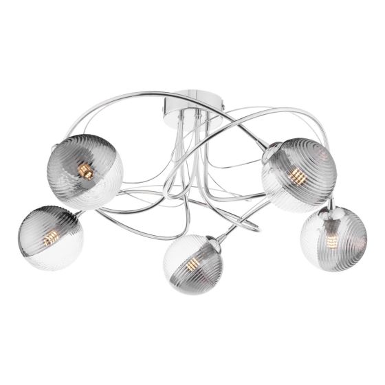 där lighting Onawa 5 Light Semi-Flush Polished Chrome & Smoked/Clear Ribbed Glass