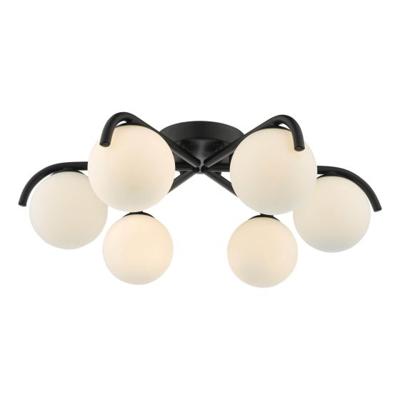 där lighting Orlena 6 Light Flush Matt Black and Opal Glass