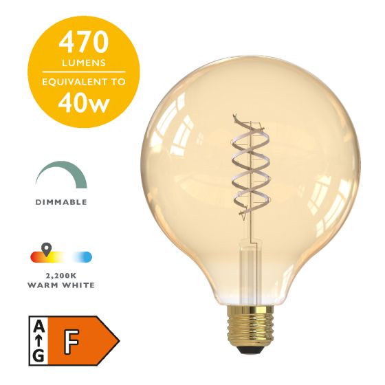 där lighting (Pack of 4) LED ES/E27 Large Vintage Globe White Filament Light Bulb 5.5w 470lm 2200k Warm White