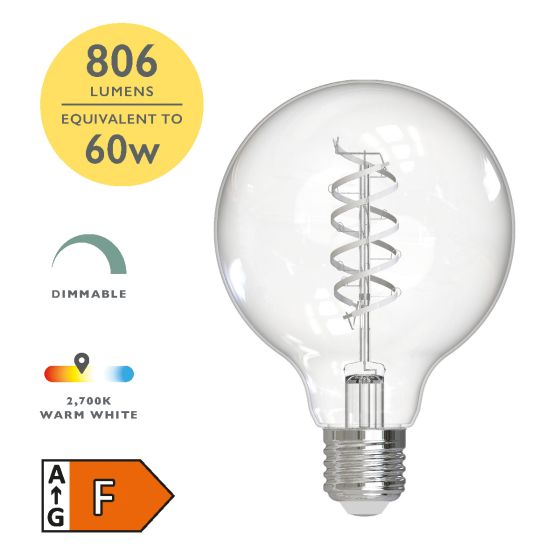 där lighting (Pack of 6) LED ES/E27 Globe White Filament Light Bulb 8w 806lm 2700k Warm White