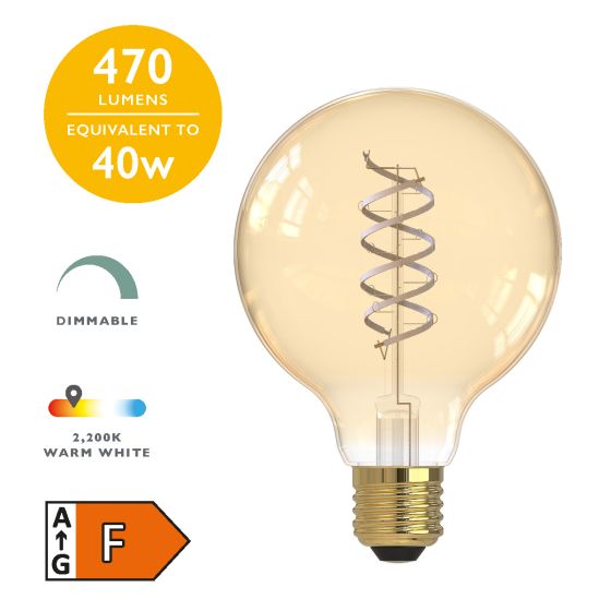 där lighting (Pack of 6) LED ES/E27 Vintage Globe White Filament Light Bulb 5.5w 470lm 2200k Warm White