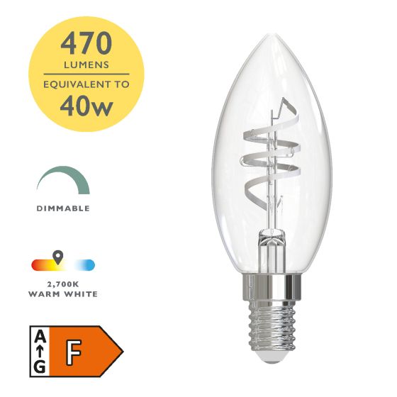 där lighting (Pack of 6) LED SES/E14 Candle White Filament Light Bulb 4.6w 470lm 2700k Warm White