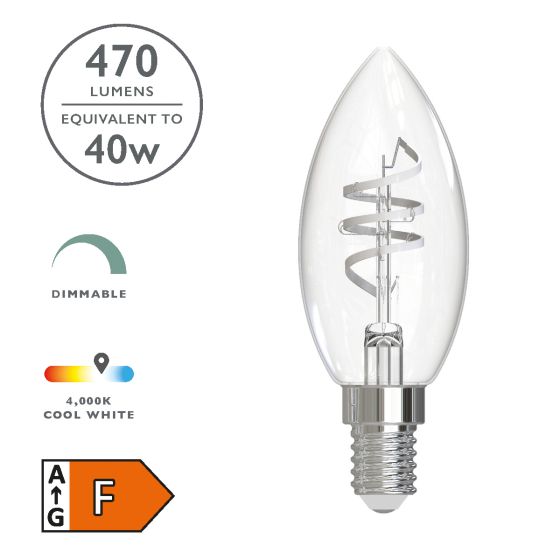 där lighting (Pack of 6) LED SES/E14 Candle White Filament Light Bulb 4.6w 470lm 4000k Cool White
