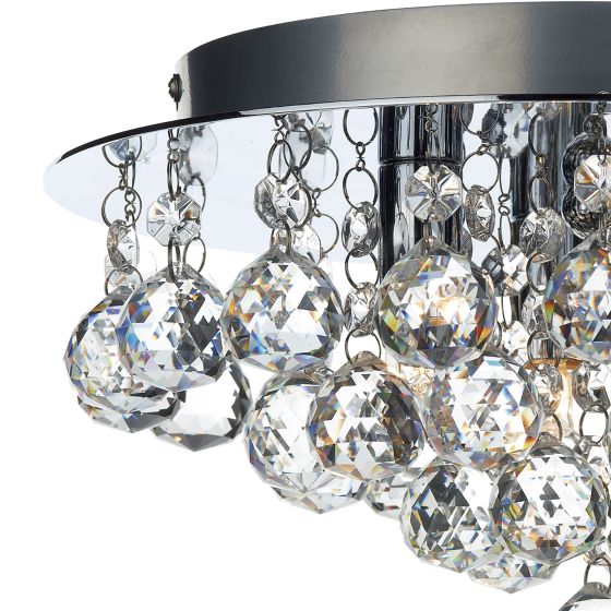 Där Lighting Pluto 3 Light Flush Polished Chrome Crystal Glass Droppers