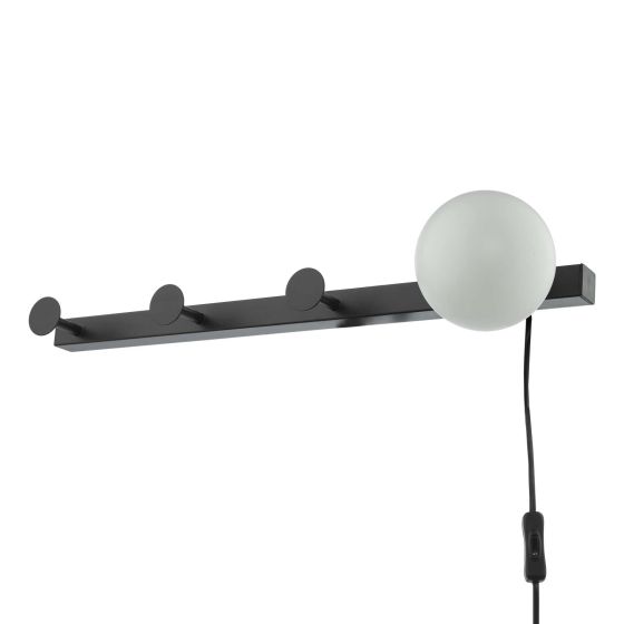Där Lighting Rack Wall Light & Coat Hook Matt Black Opal Glass - Plug In