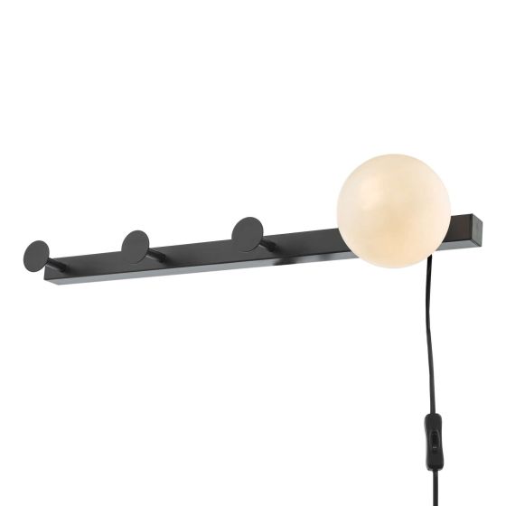 där lighting Rack Wall Light & Coat Hook Matt Black Opal Glass - Plug in