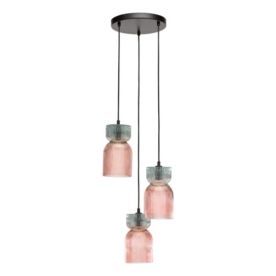 Där Lighting Rhubarb 3 Light Cluster Pendant Pink And Green Ribbed Glass