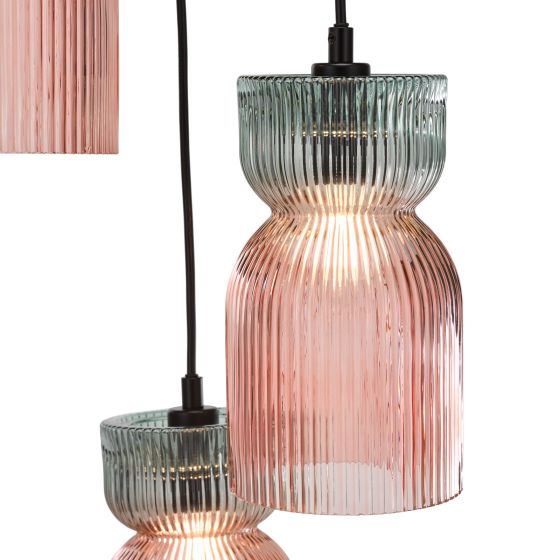 Där Lighting Rhubarb 3 Light Cluster Pendant Pink And Green Ribbed Glass