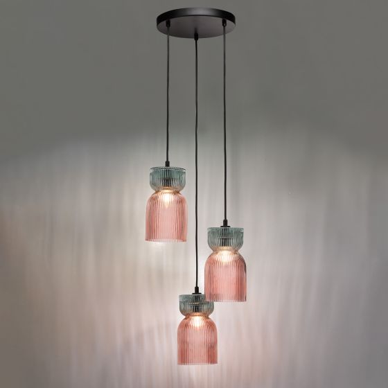 Där Lighting Rhubarb 3 Light Cluster Pendant Pink And Green Ribbed Glass