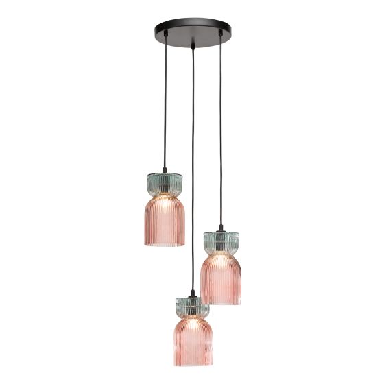 där lighting Rhubarb 3 Light Cluster Pendant Pink and Green Ribbed Glass