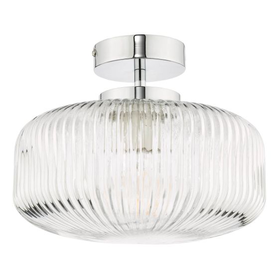 Där Lighting Riva Bathroom Semi Flush Ceiling Light Ribbed Glass Polished Chrome IP44