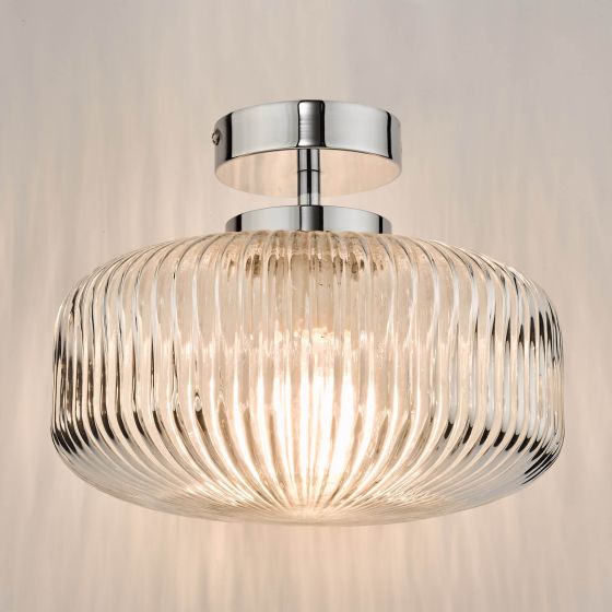 Där Lighting Riva Bathroom Semi Flush Ceiling Light Ribbed Glass Polished Chrome IP44