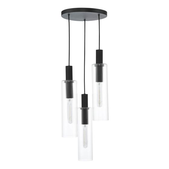 Där Lighting Ruben 3 Light Cluster Pendant Satin Black And Ribbed Glass