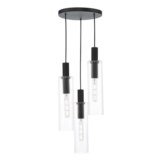 där lighting Ruben 3 Light Cluster Pendant Satin Black and Ribbed Glass