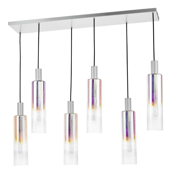 Där Lighting Ruben 6 Light Bar Pendant Satin Silver And Ribbed Iridised Glass