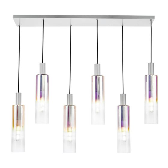 Där Lighting Ruben 6 Light Bar Pendant Satin Silver And Ribbed Iridised Glass